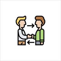 Two people shaking hands with an arrow pointing to the right vector
