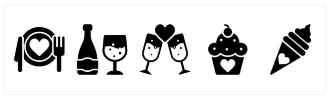 Happy Valentine icons in black color as dinner, wine, drink vector