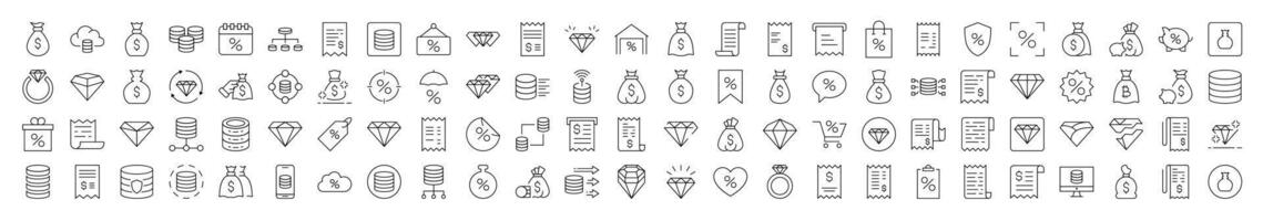 Set of Line Icons of Dollar, Receipt, Diamond, Percent. Editable Stroke. Minimalistic Linear Pictogram for Design of Cards, Apps, Banners, Posts vector