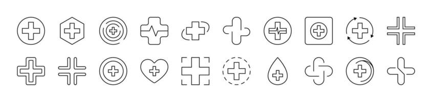 Medical Cross as Hospital Symbol Outline Simple Linear Image Collection. Editable Stroke. Suitable for Web Sites, Books, Cards, Apps vector