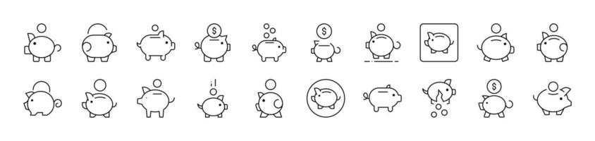 Piggy Bank Outline Image Collection. Editable Stroke. Perfect for Infographics, Articles, Books, Flyers, Banners vector