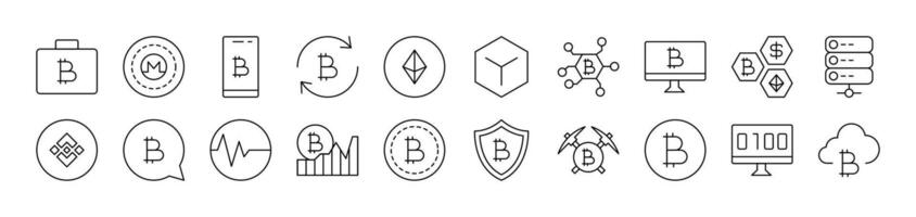Cryptocurrency and Bitcoin Outline Image Collection. Editable Stroke. Perfect for Infographics, Articles, Books, Flyers, Banners vector