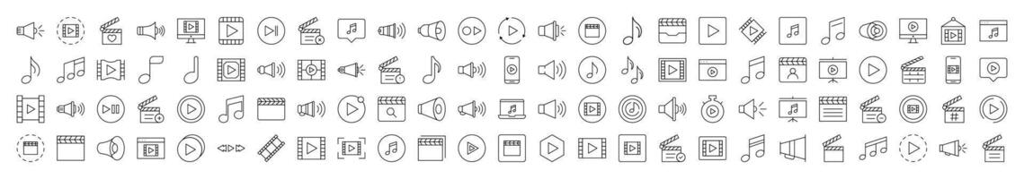 Collection of Media Player Related Line Icons. Editable Stroke for Design, Web Sites, Apps, Cards. Contains Linear Images of Clapperboard, Musical Note, Loud Speaker vector