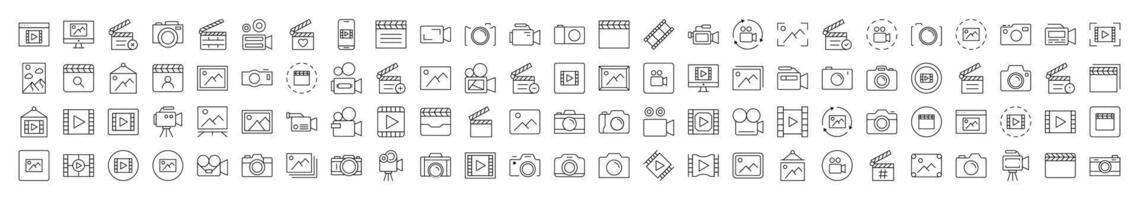 Collection of Line Icons of Clapperboard, Photo Camera, Movie, Picture. Editable Stroke. Minimalistic Linear Pictogram for Design of Cards, Apps, Banners, Posts vector