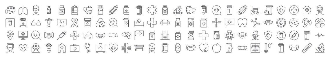 Medicine and Healthcare Bundle of Related Line Icons. Editable Stroke for Design, Web Sites, Apps, Cards. Contains Linear Images of Organs, Medical Cross, Pills vector