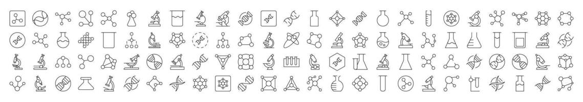 Chemistry Related Line Icons. Editable Stroke for Design, Web Sites, Apps, Cards. Contains Linear Images of Chemical Compound, Laboratory Bulbs, Atom vector