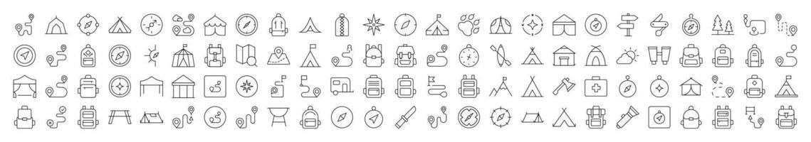 Backpack, Road, Map Pin, Compass, Tent Line Icon Pack. Editable Stroke. Minimalistic Linear Pictogram for Design of Cards, Apps, Banners, Posts vector