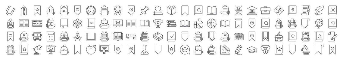 Set of School, College, University Related Line Icons. Editable Stroke for Design, Web Sites, Apps, Cards. Contains Linear Images of Backpack, Bookmark, Book, Clock vector