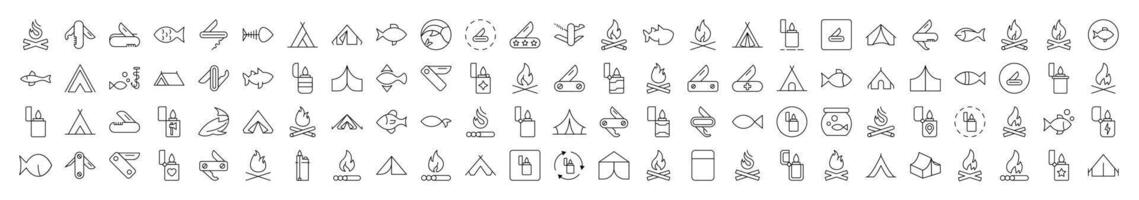 Camping and Hiking Isolated Images. Contains such Elements as Bonfire, Fish, Folding Knife, Tent, Lighter. It Can Be Used for Interface, Posts, Advertisements, Various Cards vector