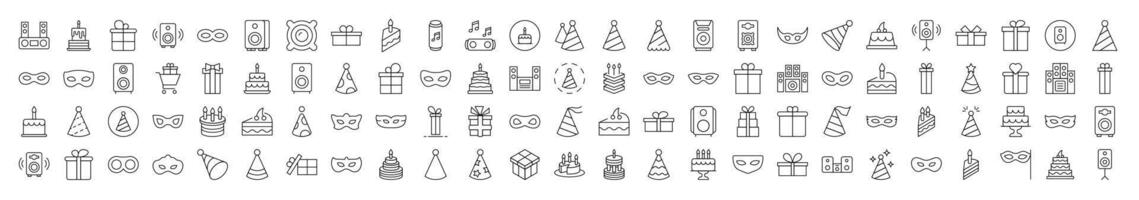 Set of Party Related Line Icons. Editable Stroke for Design, Web Sites, Apps, Cards. Contains Linear Images of Musical Center, Cake, Masquerade Mask, Gift, Present vector