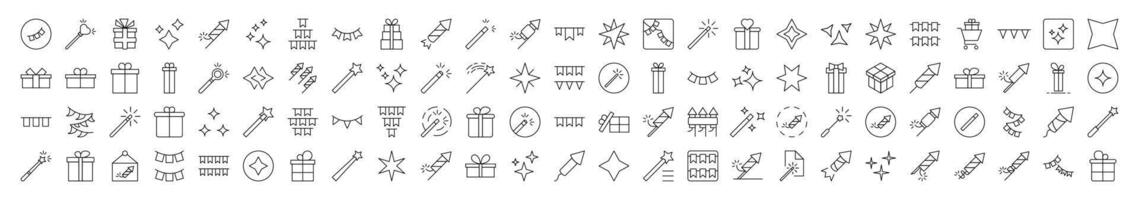 Collection of Outline Signs of Holidays, Garlands, Magic Wand, Firework Drawn with Thin Line for apps, web sites, banners, infographics and other types of design vector