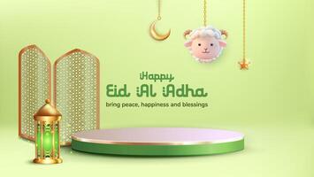 3D stage with a cute hanging sheep, lanterns, and a crescent moon, created to symbolize Eid al Adha. vector