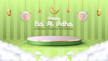 A 3D podium featuring a charming sheep hanging, lanterns, and a crescent moon, designed to celebrate Eid al Adha. vector