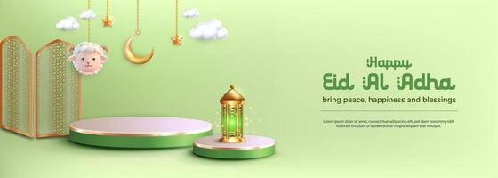 3D platform with a lovable hanging sheep, lanterns, and a crescent moon, meant to represent Eid al Adha. vector