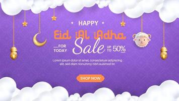 3D illustration of Eid al Adha with a hanging sheep head, Arabic lantern, and a golden crescent moon adorned with stars. vector