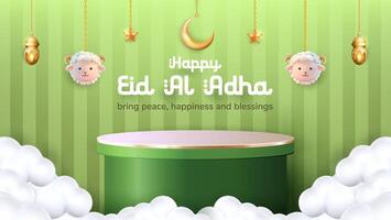 A 3D podium with a delightful hanging sheep, lanterns, and a crescent moon, designed for Eid al Adha. vector
