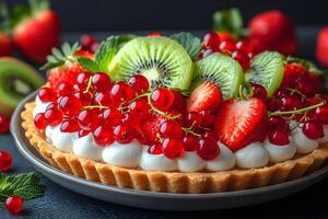 Fresh Fruit Tart with Strawberries, Kiwi, and Red Currants on Whipped Cream Topping photo