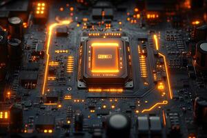 Futuristic Neon-Lit Circuit Board with Glowing Microchip Design for Technology Concepts photo