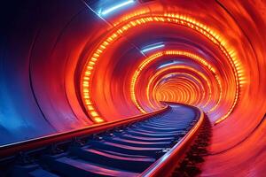Futuristic Tunnel with Glowing Lights and Curved Railway Track for Technology Theme photo