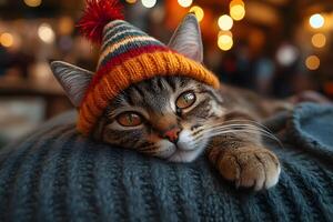 Cozy Cat in a Winter Hat Relaxing on Knit Blanket with Warm Bokeh Lights photo