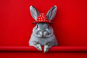 Adorable Rabbit in Polka Dot Hat Against Vibrant Red Background for Easter and Spring Designs photo