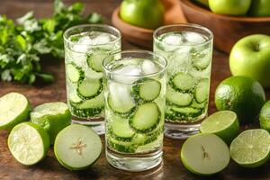 Refreshing Green Apple and Lime Sparkling Water with Cucumber Slices for Summer Hydration photo