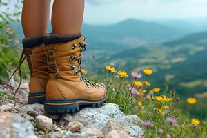Adventure Hiking with Sturdy Boots in Blooming Mountain Landscape photo