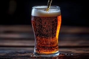 Refreshing Pour of Craft Beer in a Tall Glass on Rustic Wooden Table photo