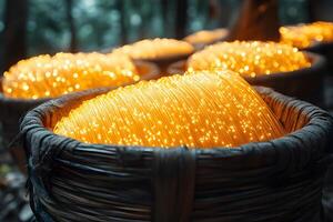 Basket of Illuminated Fiber Optic Strands in Natural Setting Ideal for Technology and Nature Concepts photo