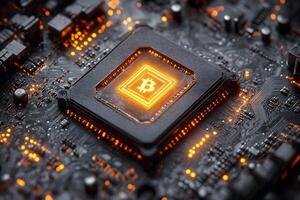 Cryptocurrency Technology Concept with Bitcoin Circuit Board Design for Digital Finance photo