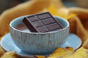 Autumn Comfort Hot Chocolate with Dark Chocolate Bar and Leaves for Seasonal Warmth photo