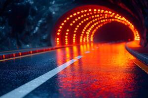 Futuristic Highway Tunnel with Vibrant Red Lights for Modern Transportation Design photo