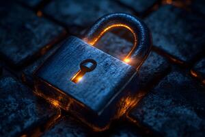 Security and Cyber Protection Concept with Glowing Lock on Cobblestone Path photo