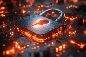 Cybersecurity Concept Glowing Padlock on Circuit Board for Technology and Data Protection photo