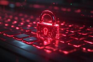 Digital Security Concept with Futuristic Red Padlock on Keyboard photo