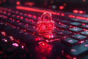 Cybersecurity Concept with Digital Lock on Glowing Keyboard for Data Protection and Privacy photo