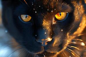 Enchanting Gaze of a Black Cat in Winter Snowflakes photo