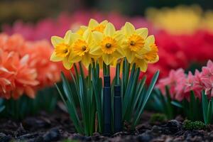 Spring Bloom with Vibrant Daffodils and Tulips in a Garden Setting photo