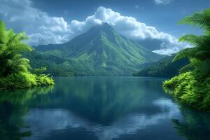 Tranquil Mountain Lake Scene with Lush Greenery Under Dramatic Clouds photo