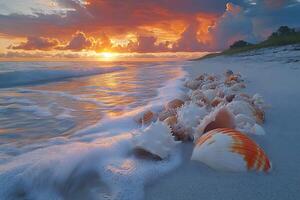 Serene Beach Sunrise with Seashells Displaying Coastal Beauty for Tranquil Decor photo