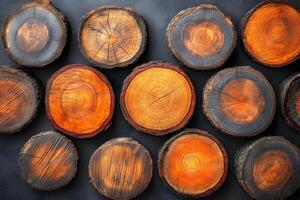 Wooden Tree Trunk Slices Display for Natural Home Decor and Rustic Design Themes photo