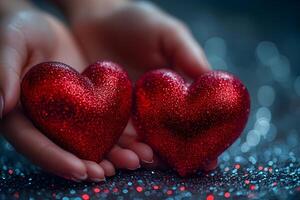 Valentine's Day Concept with Sparkling Red Hearts on Glittering Background for Romantic Design photo