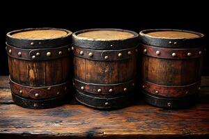 Rustic Wooden Barrels on a Dark Rustic Background for Vintage Decor and Design photo