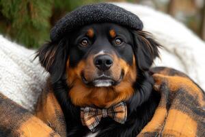 Chic Canine Elegance Dog with Plaid Bow Tie and Wool Cap in Autumn Setting photo