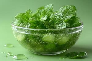 Fresh Mint Leaves in Glass Bowl with Water Drops on Green Background photo