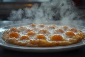 Steaming Poached Eggs on Plate for Breakfast and Culinary Presentation photo