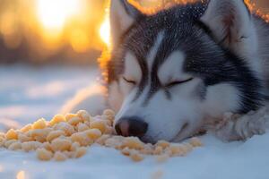 Peaceful Siberian Husky Relaxing on Winter Snow with Sunlit Background photo