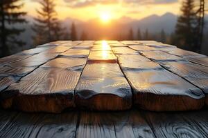 Rustic Wooden Table at Sunrise in Mountainous Forest Setting for Nature Inspired Designs photo