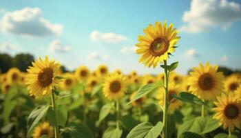 Sunflower plantation with blue sky background photo