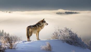 A wolf is standing on a snowy hill photo